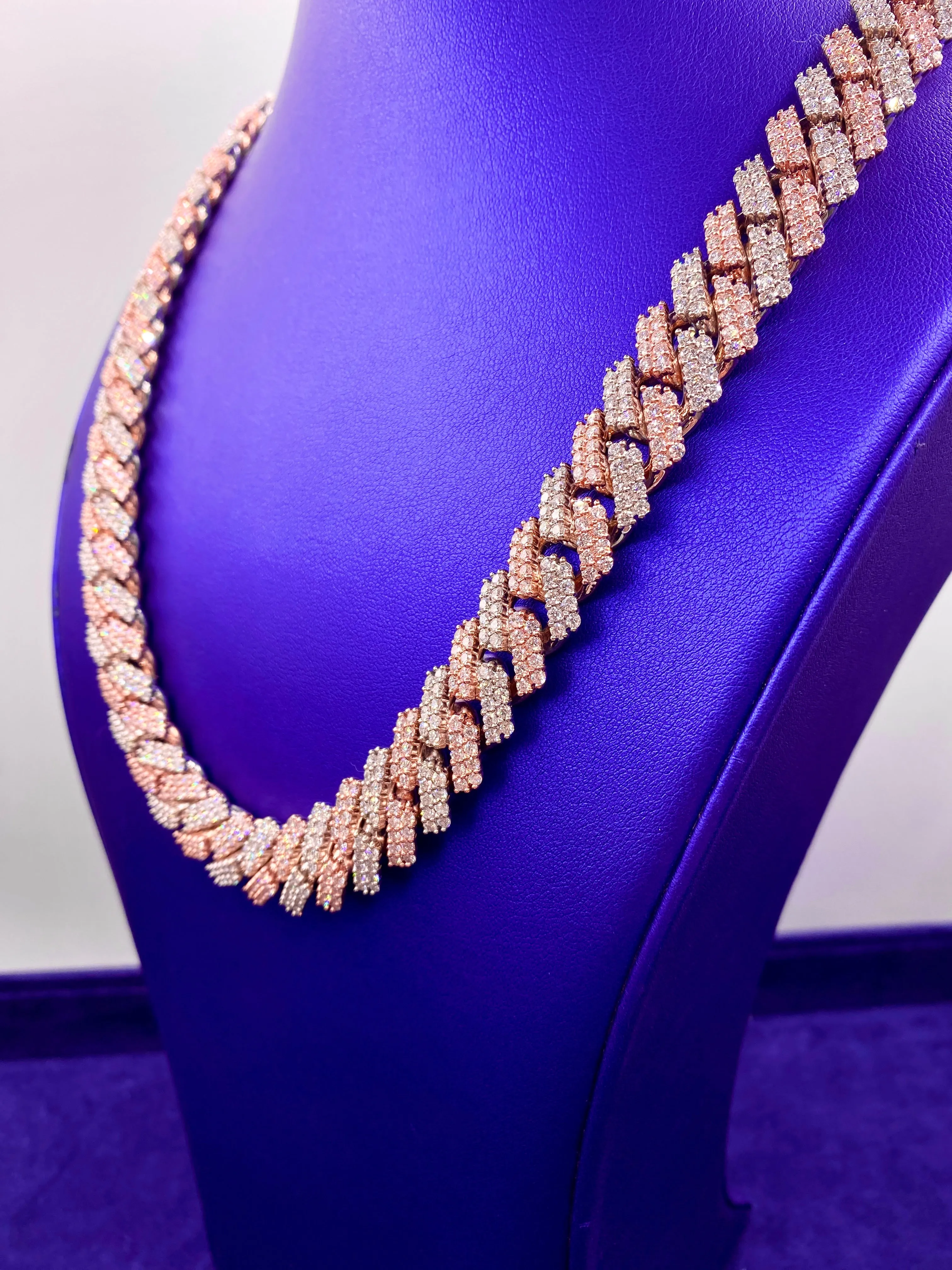 10k 16Mm Two-Tone Rose and White Diamond Cuban Chain 22.5”