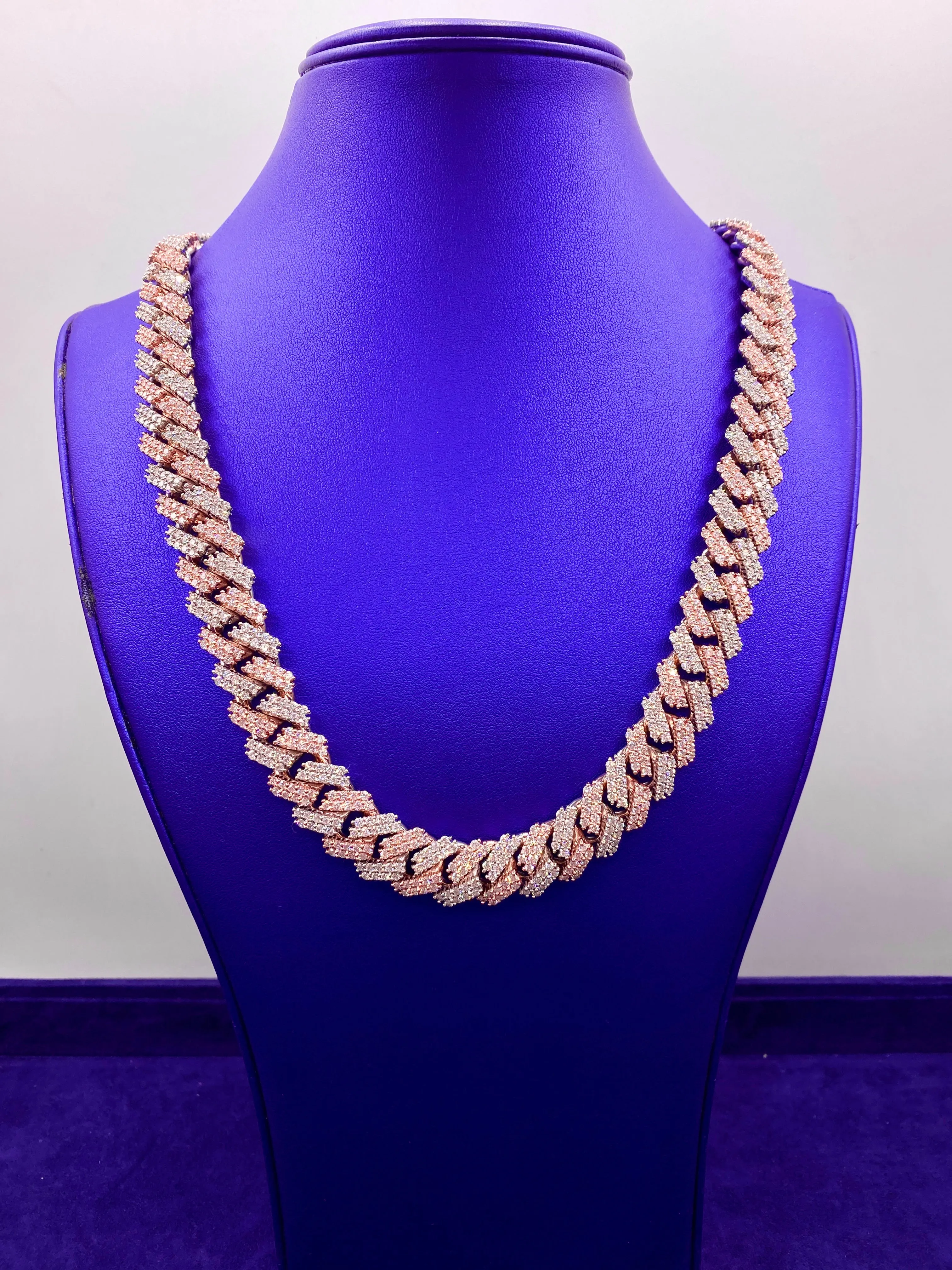 10k 16Mm Two-Tone Rose and White Diamond Cuban Chain 22.5”
