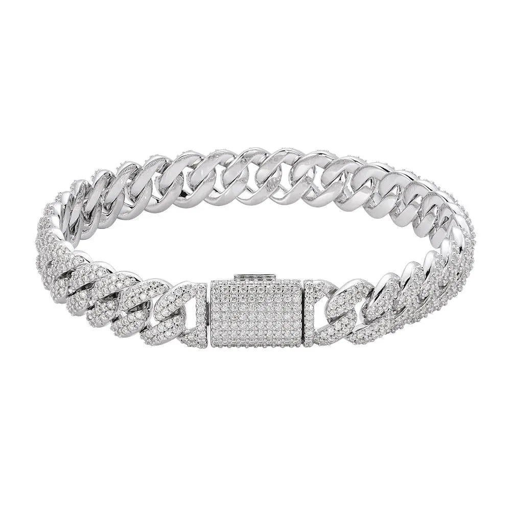 10MM Moissanite Diamond Miami Cuban Iced Sterling Silver Bracelet Mens Sizable