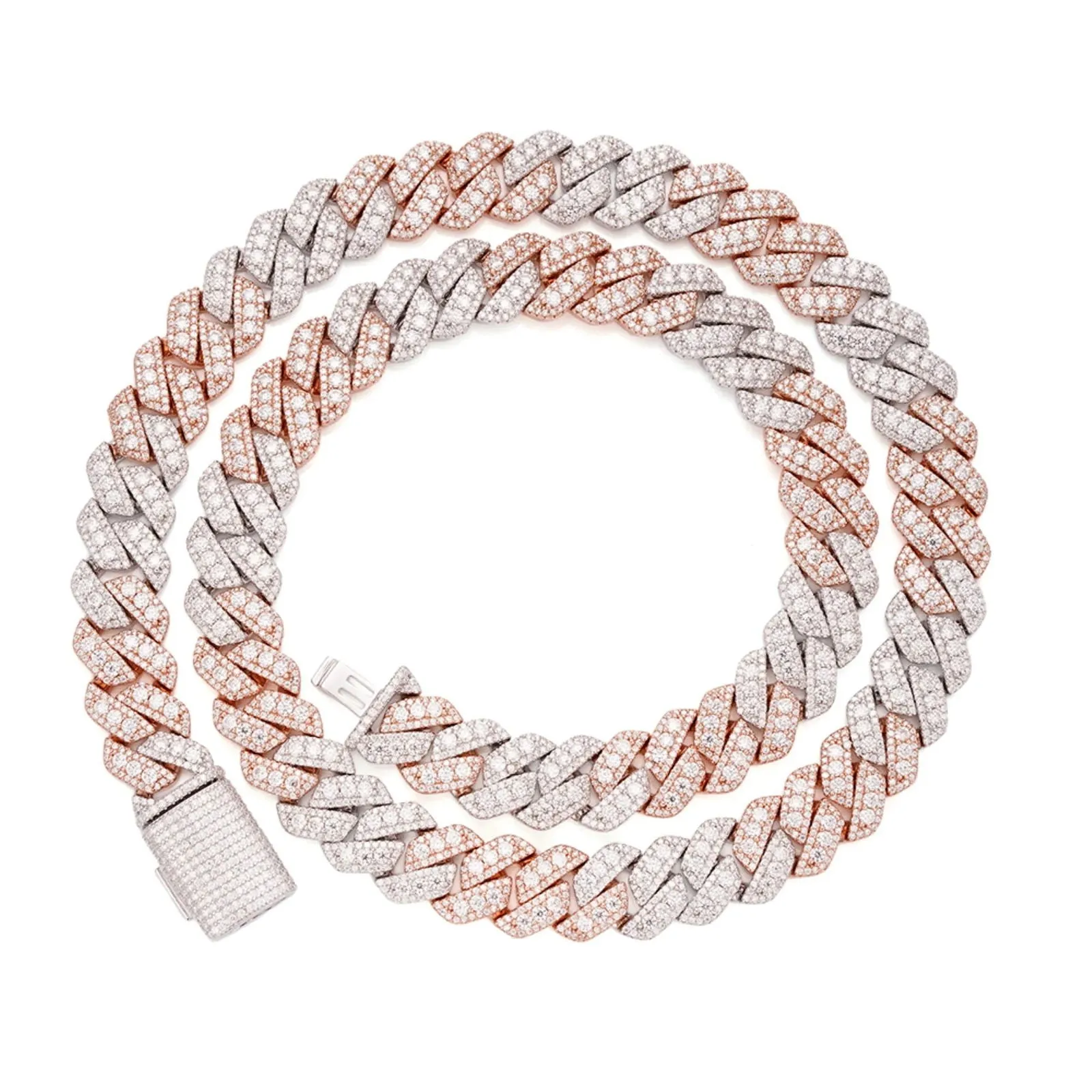 12MM Moissanite Iced Out Cuban Chain 2 Tone Rose Link 925 Sterling Silver Icy