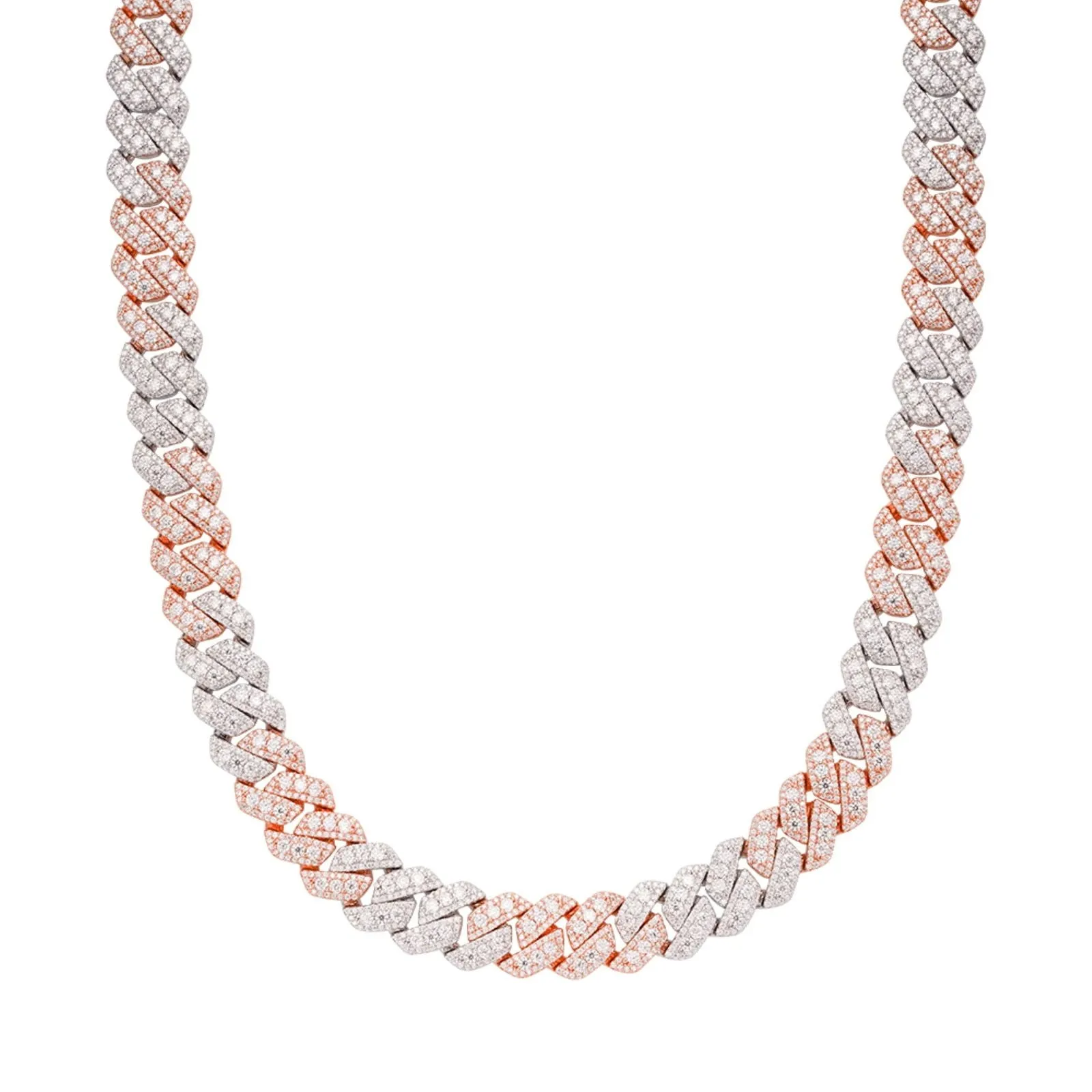 12MM Moissanite Iced Out Cuban Chain 2 Tone Rose Link 925 Sterling Silver Icy