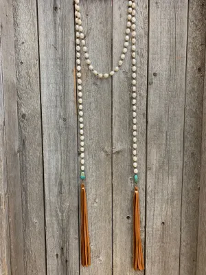 14712 Pearl w/Turquoise & Leather Tassel Wrap Necklace