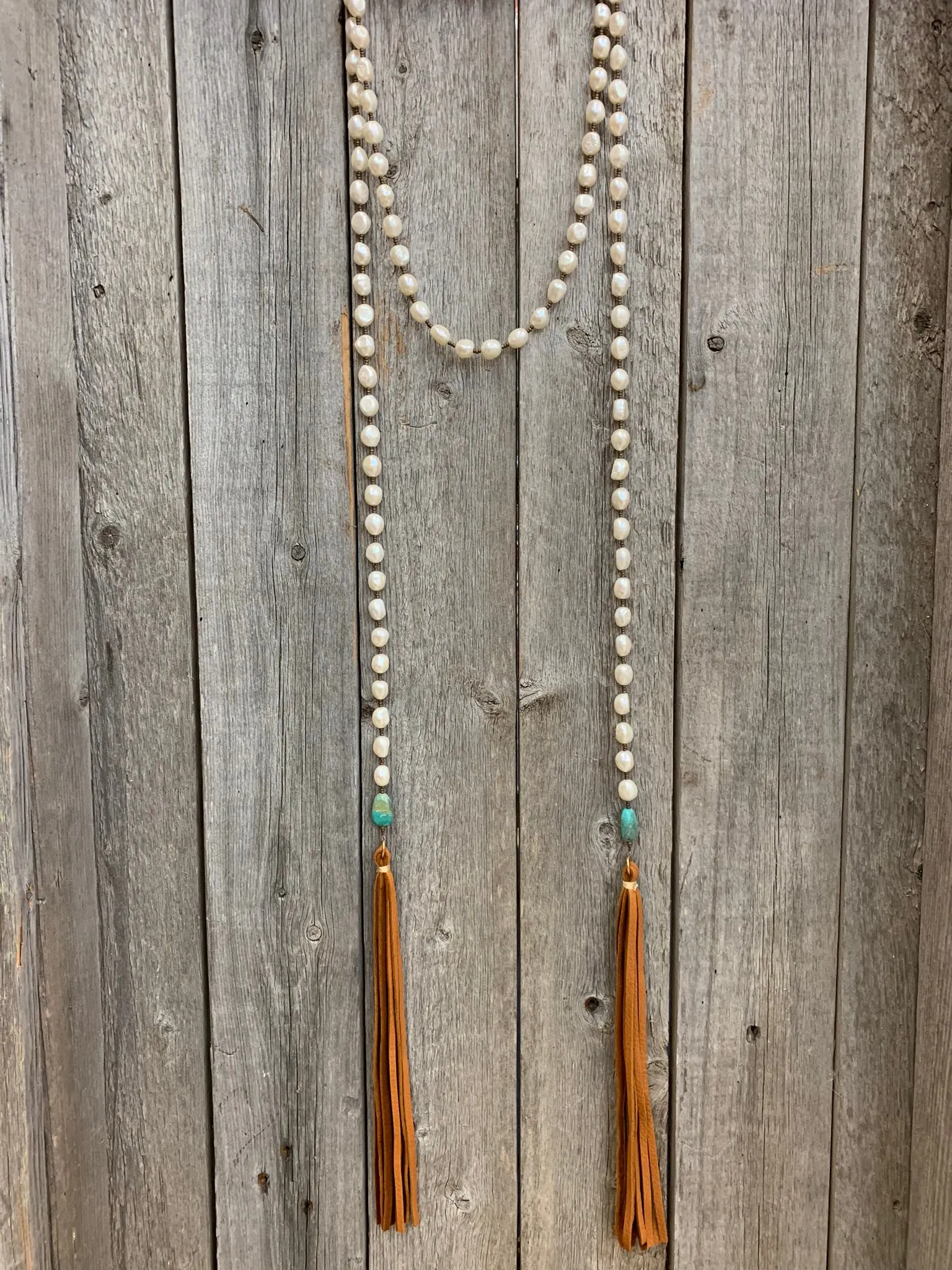 14712 Pearl w/Turquoise & Leather Tassel Wrap Necklace