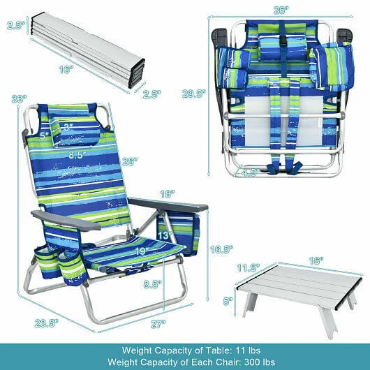 2 Packs 5-Position Outdoor Folding Backpack Beach Table Chair Reclining Chair Se