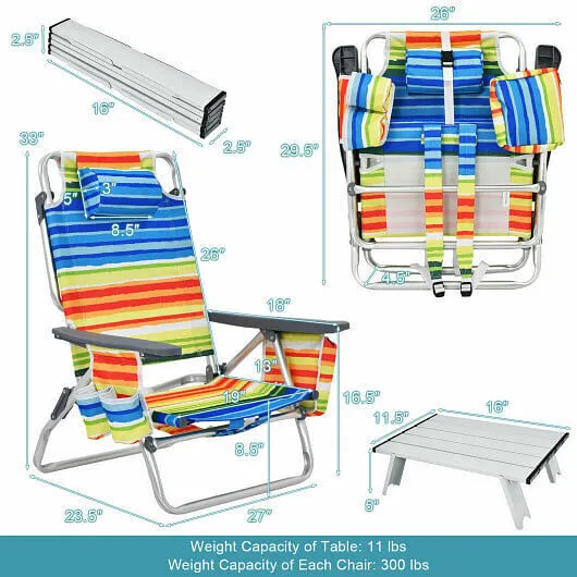2 Packs 5-Position Outdoor Folding Backpack Beach Table Chair Reclining Chair Se