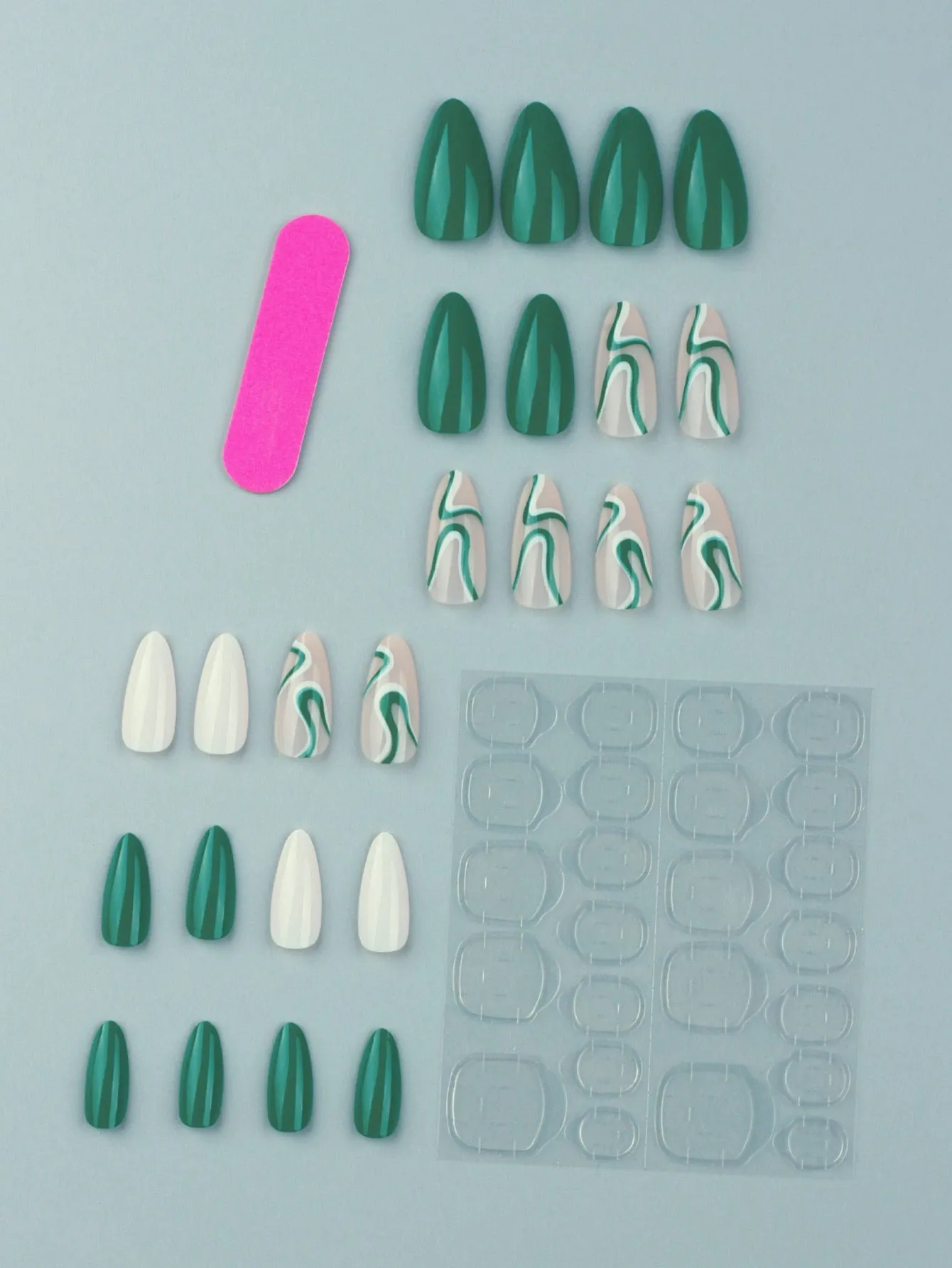 24pcs Colorblock Fake Nail & 1pc Nail File & 1sheet Nail Tape - ᗰ'₂₂ - Green