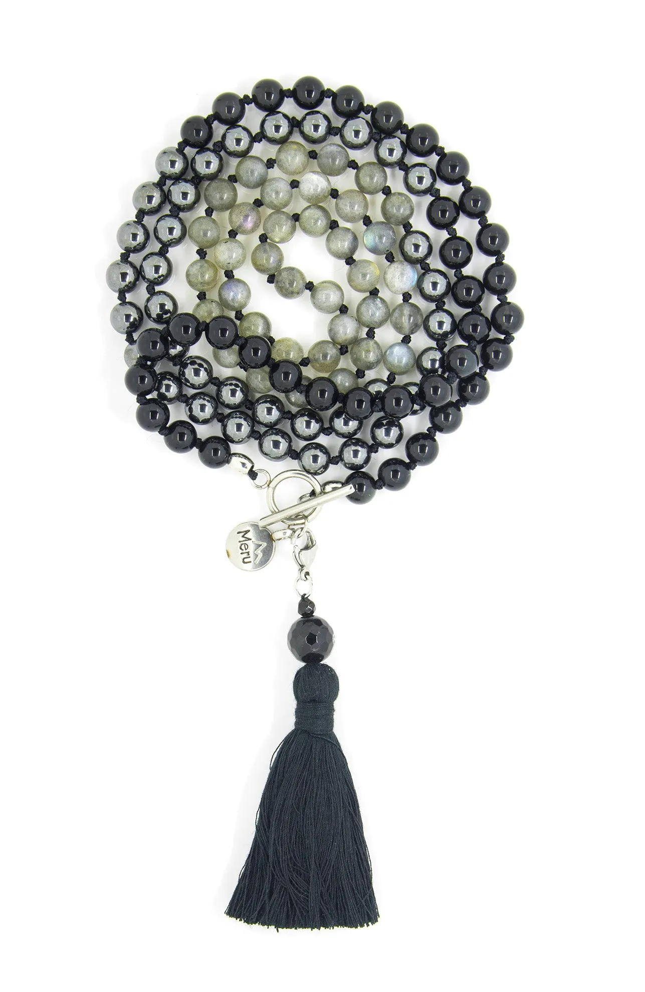 8mm Labradorite, Obsidian & Hematite Ombre Mala Beads Wrap Necklace with Removable Tassel