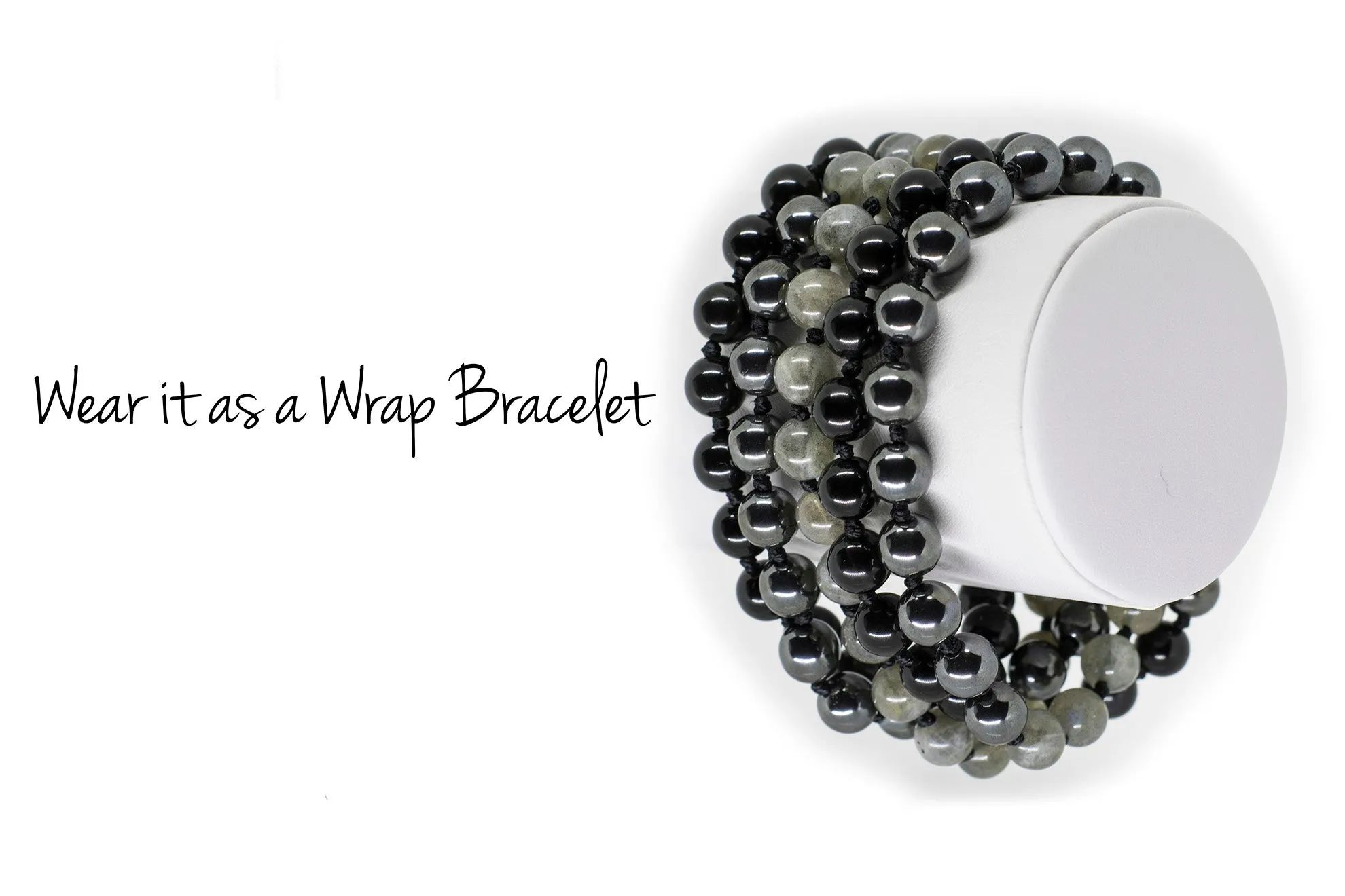 8mm Labradorite, Obsidian & Hematite Ombre Mala Beads Wrap Necklace with Removable Tassel