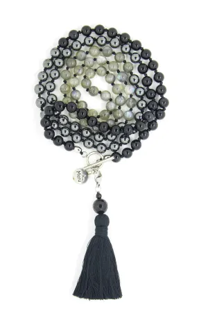 8mm Labradorite, Obsidian & Hematite Ombre Mala Beads Wrap Necklace with Removable Tassel