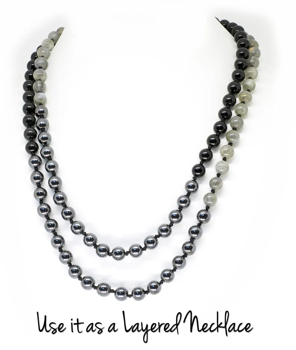 8mm Labradorite, Obsidian & Hematite Ombre Mala Beads Wrap Necklace with Removable Tassel