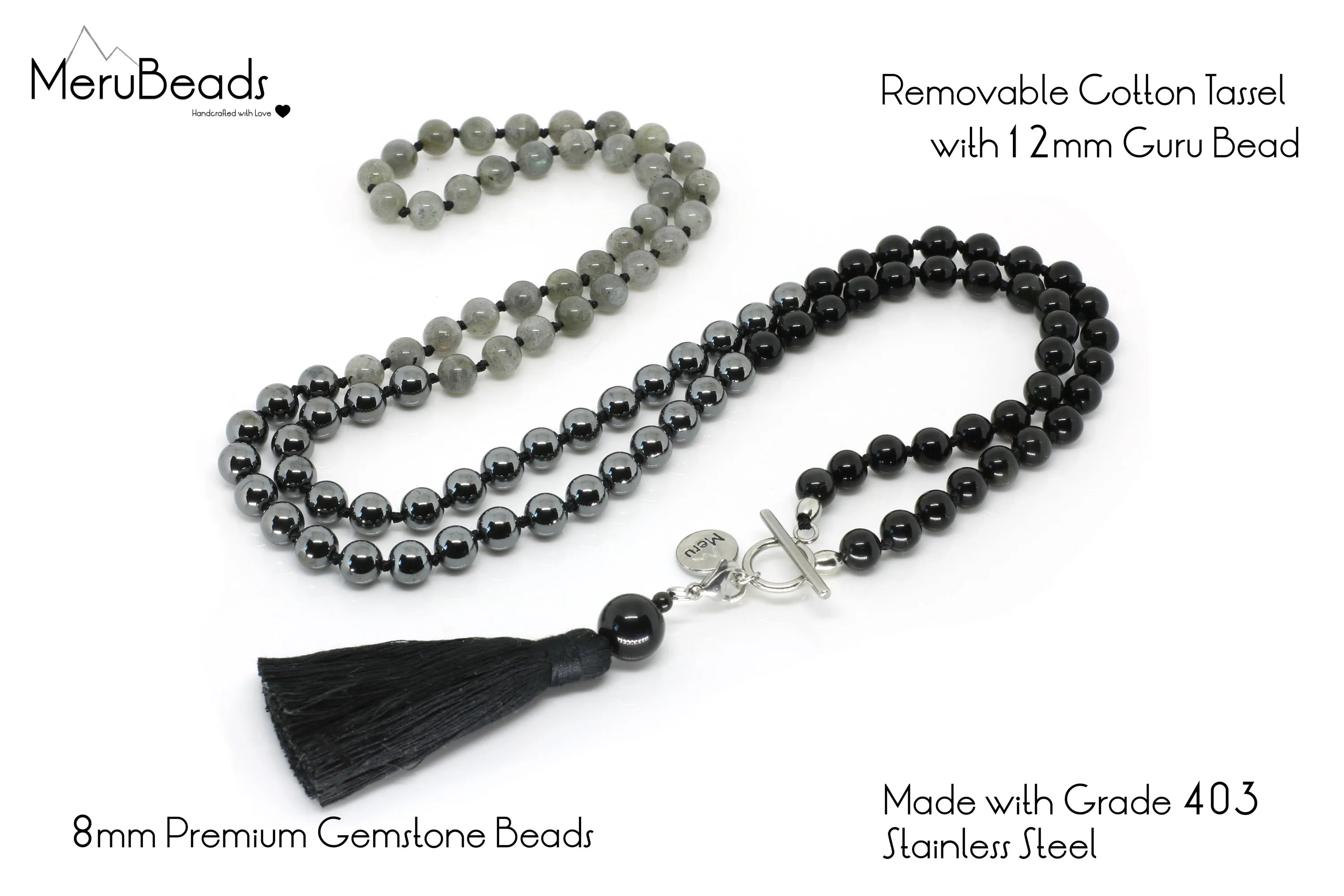8mm Labradorite, Obsidian & Hematite Ombre Mala Beads Wrap Necklace with Removable Tassel