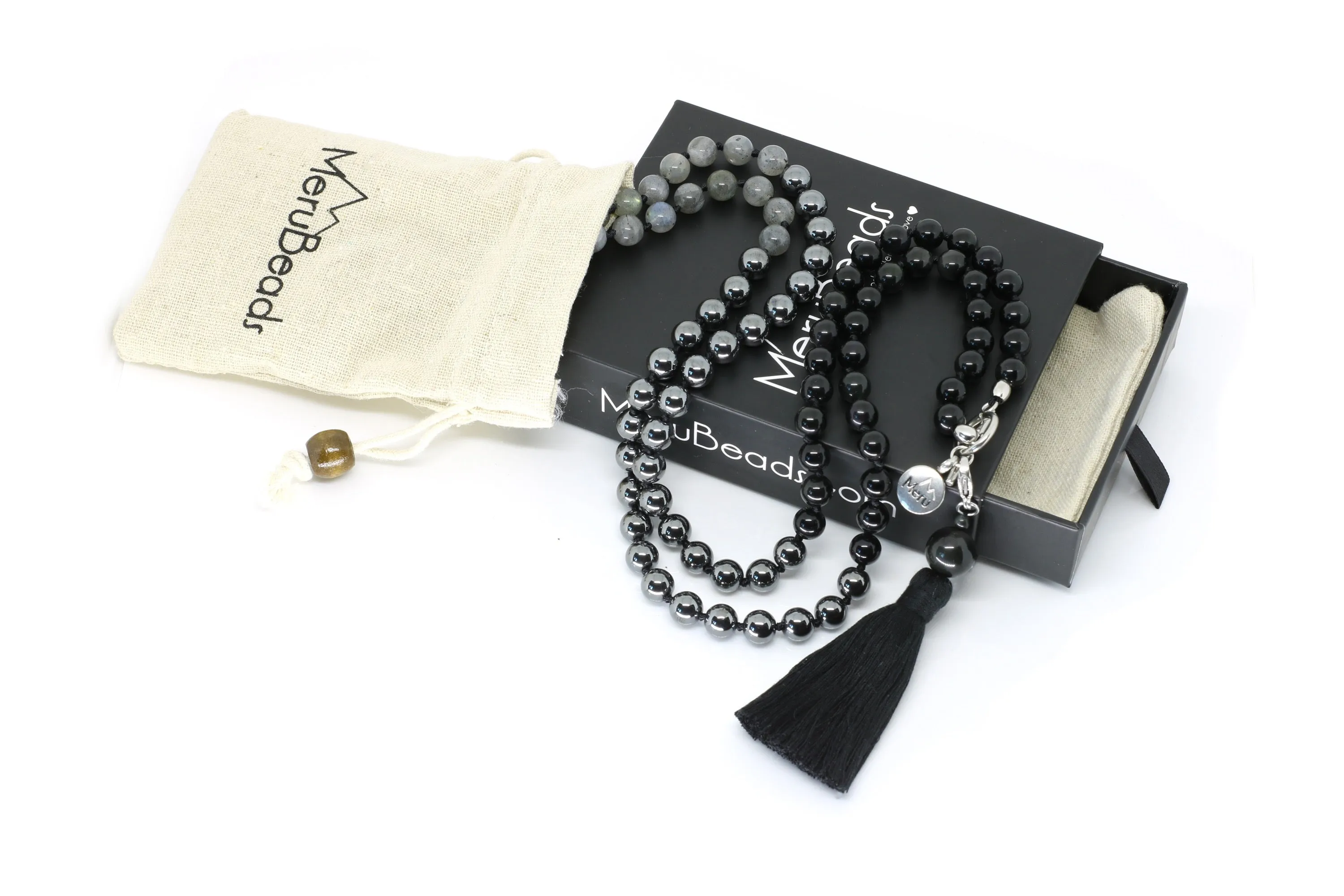 8mm Labradorite, Obsidian & Hematite Ombre Mala Beads Wrap Necklace with Removable Tassel