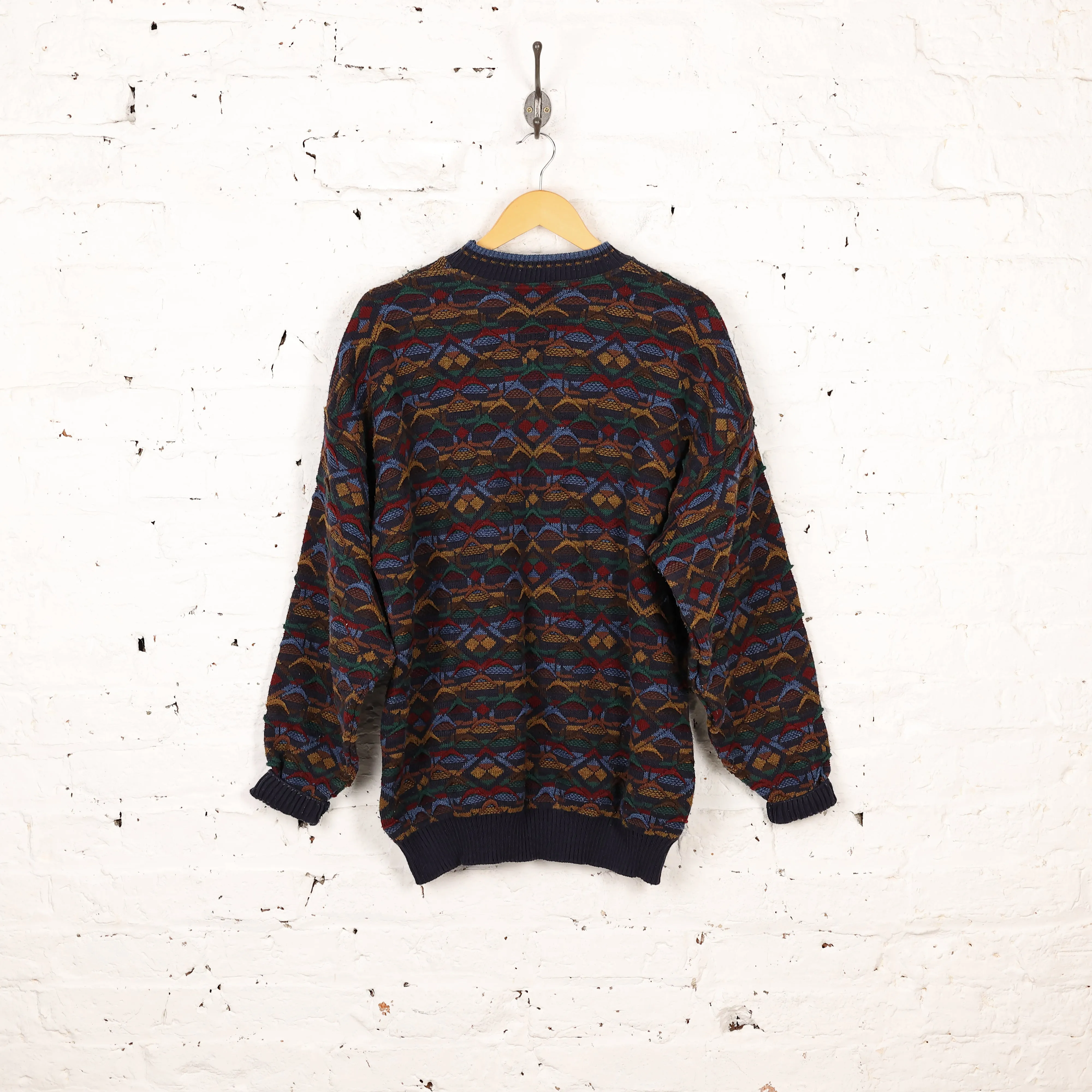90s Texture Knit Patterned Jumper - Blue - XL