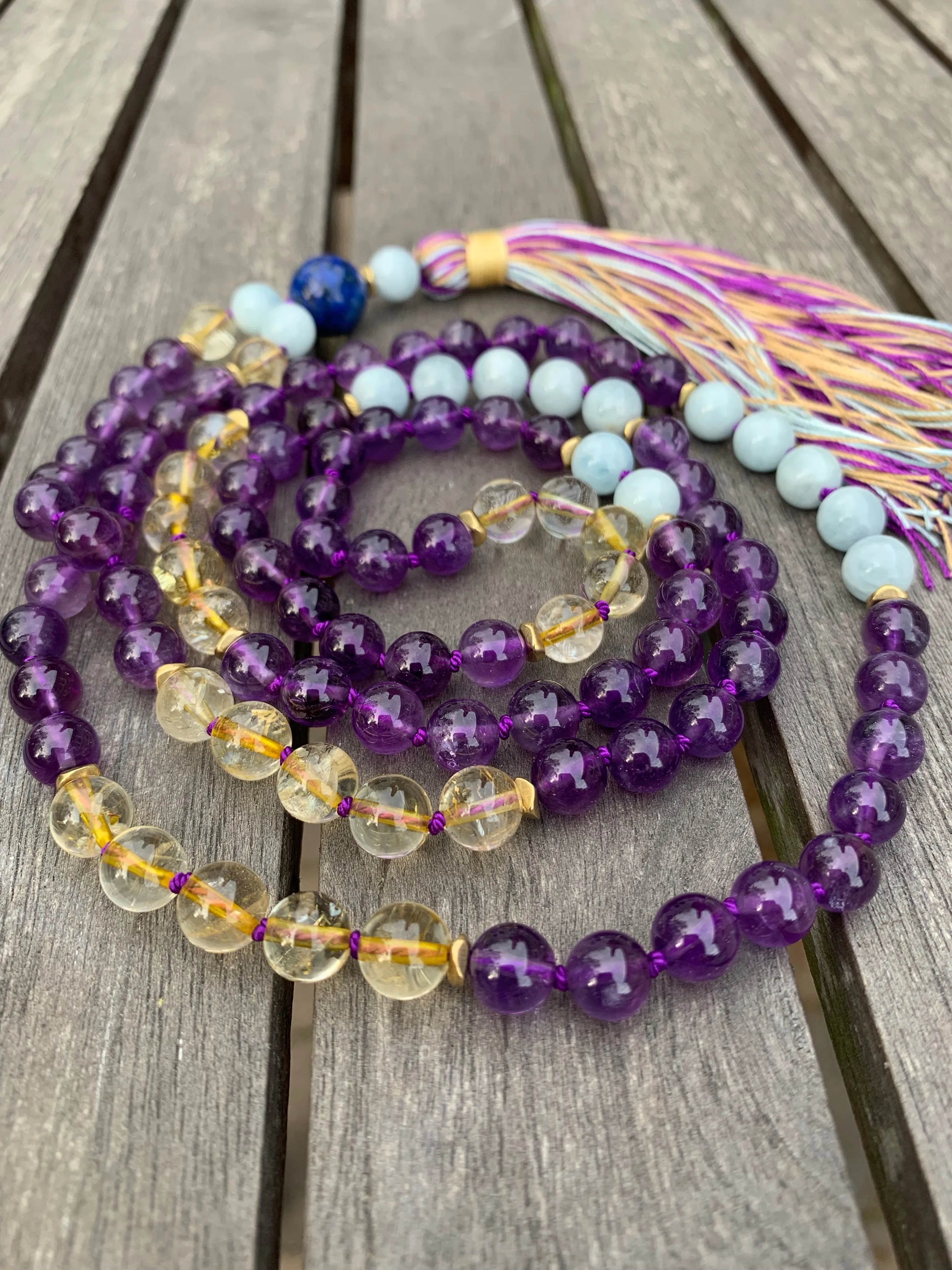 Amethyst Aquamarine and Citrine Mala Necklace