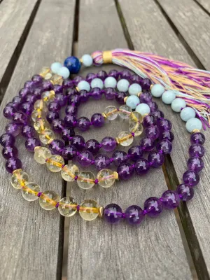 Amethyst Aquamarine and Citrine Mala Necklace