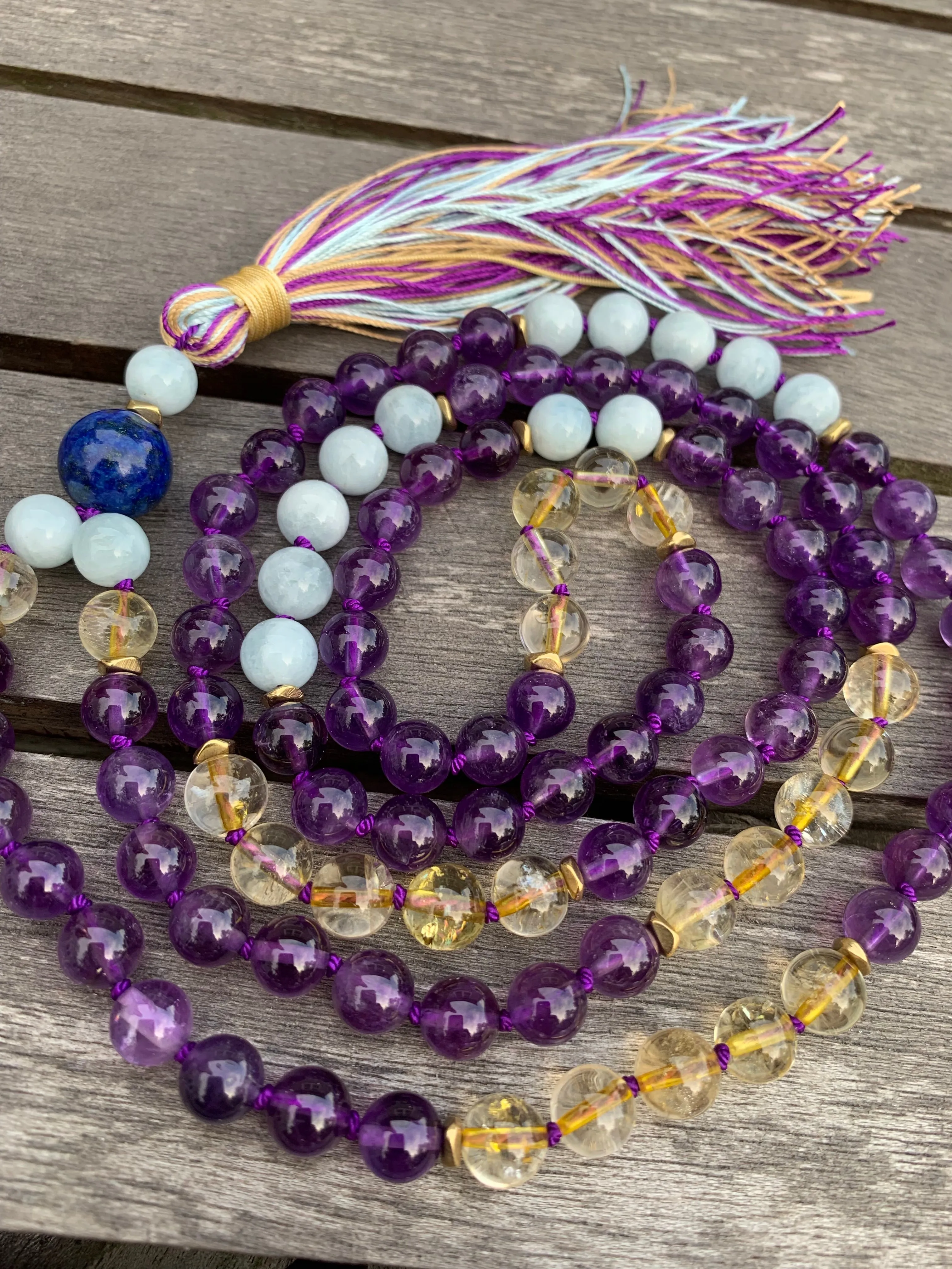 Amethyst Aquamarine and Citrine Mala Necklace