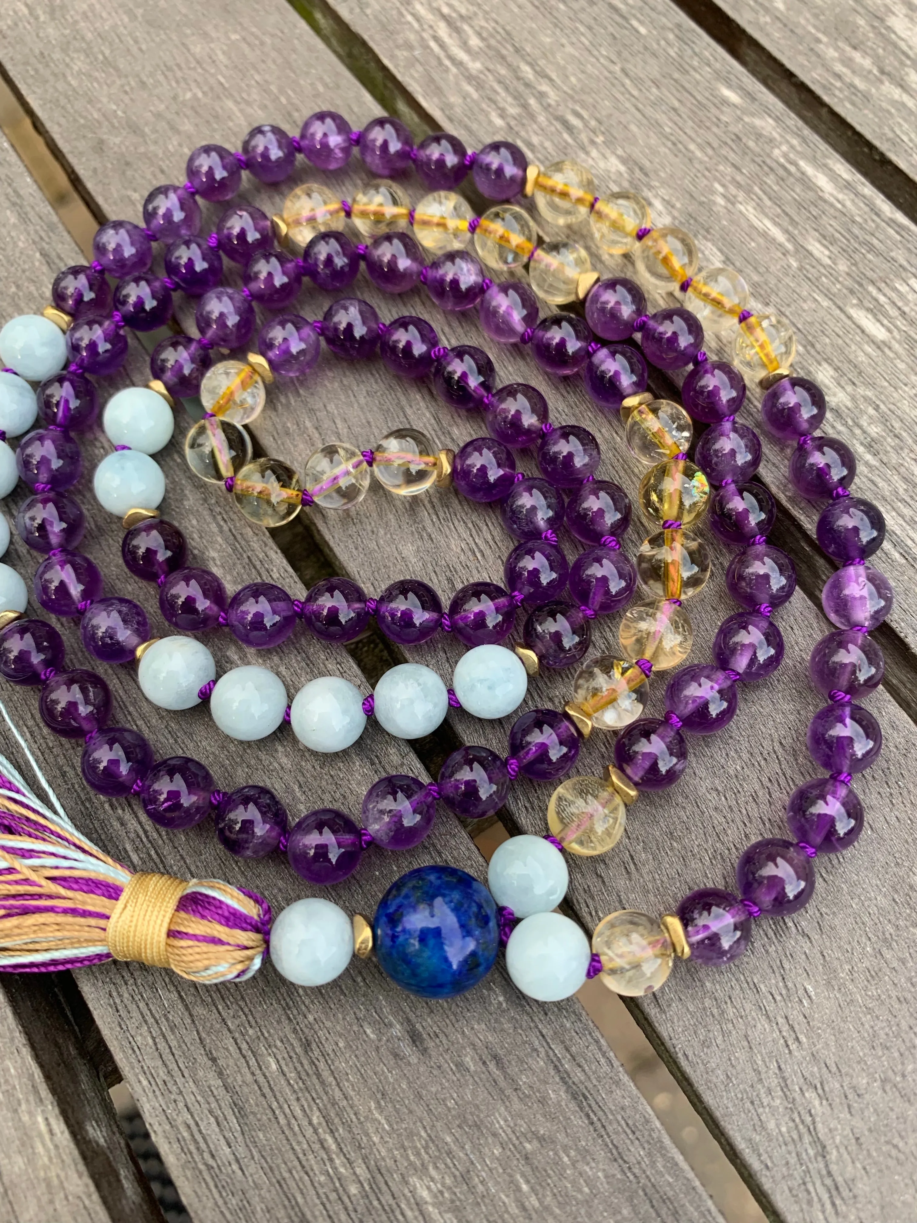 Amethyst Aquamarine and Citrine Mala Necklace