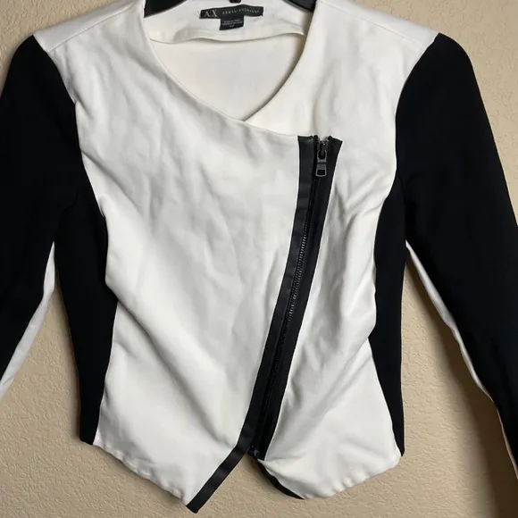 Armani Exchange Womens Small White Black Colorblock Moto Jacket