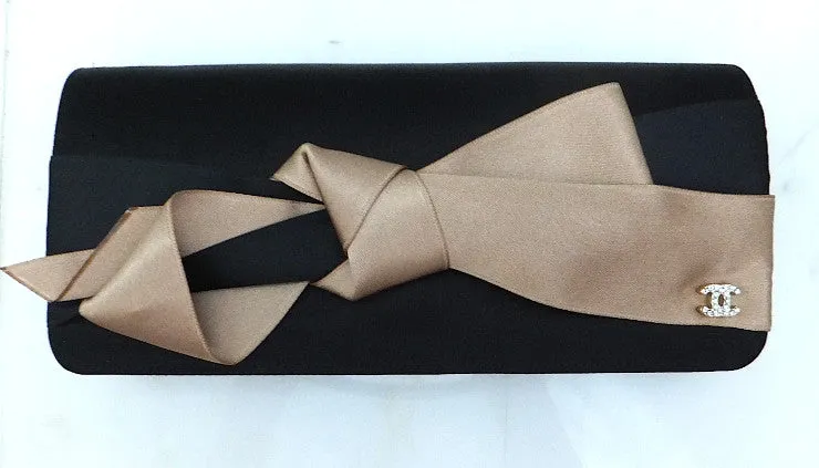 Authentic Chanel Satin Tan & Black Bow Clutch