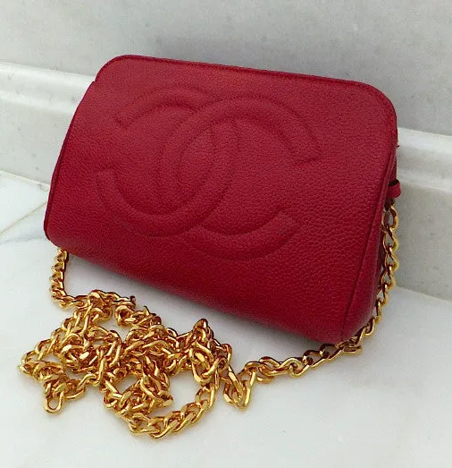 Authentic Chanel Vintage Caviar Red Wallet On Chain (WOC) Handbag