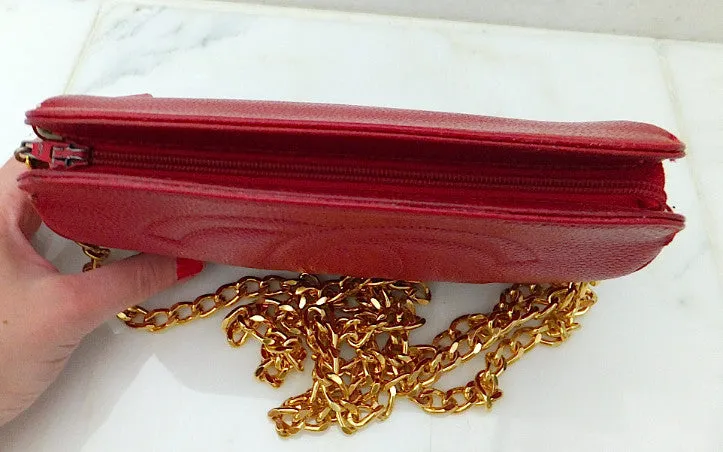 Authentic Chanel Vintage Caviar Red Wallet On Chain (WOC) Handbag