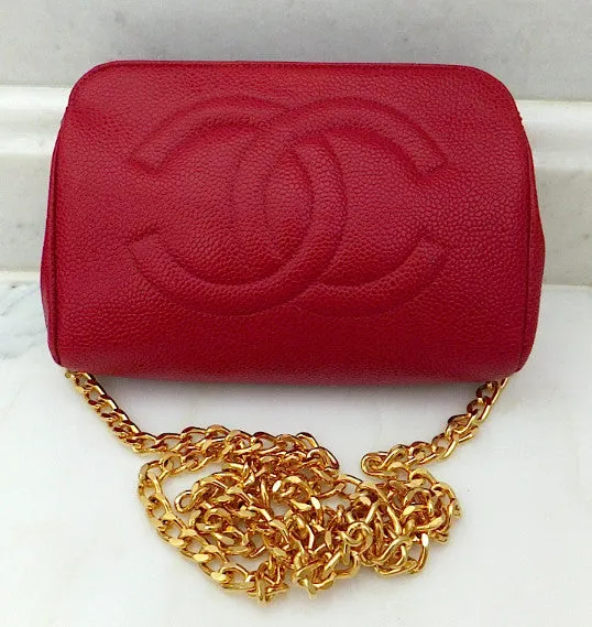 Authentic Chanel Vintage Caviar Red Wallet On Chain (WOC) Handbag