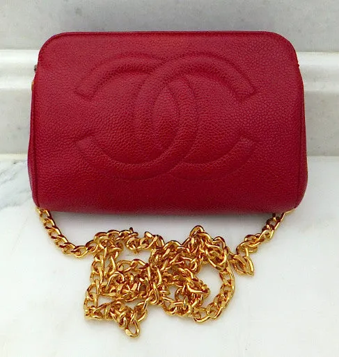 Authentic Chanel Vintage Caviar Red Wallet On Chain (WOC) Handbag