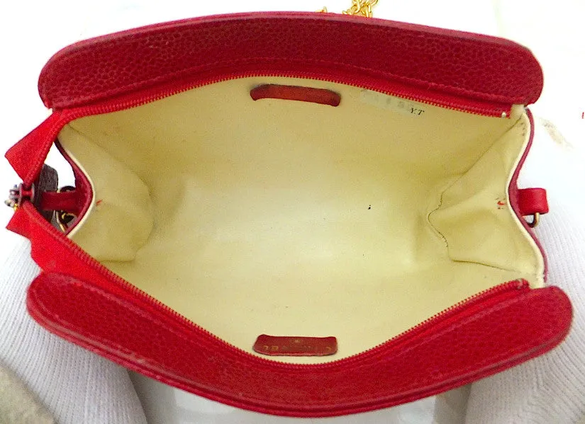 Authentic Chanel Vintage Caviar Red Wallet On Chain (WOC) Handbag