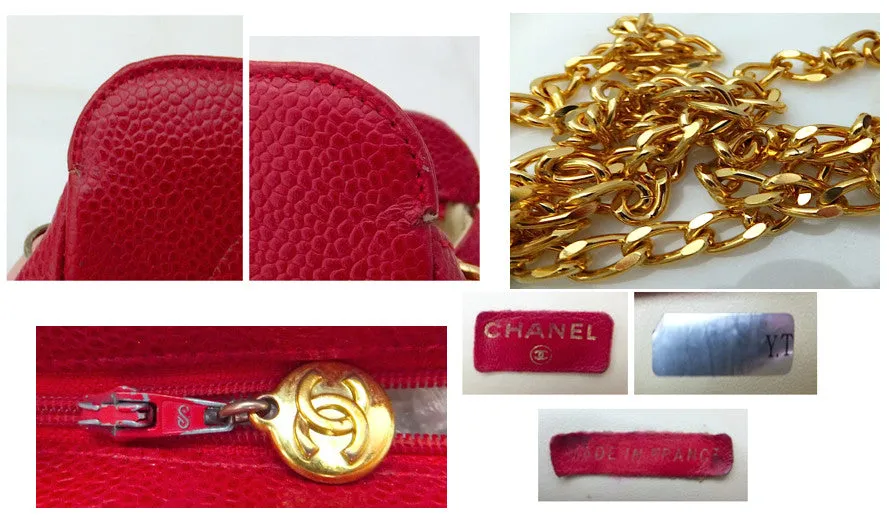 Authentic Chanel Vintage Caviar Red Wallet On Chain (WOC) Handbag