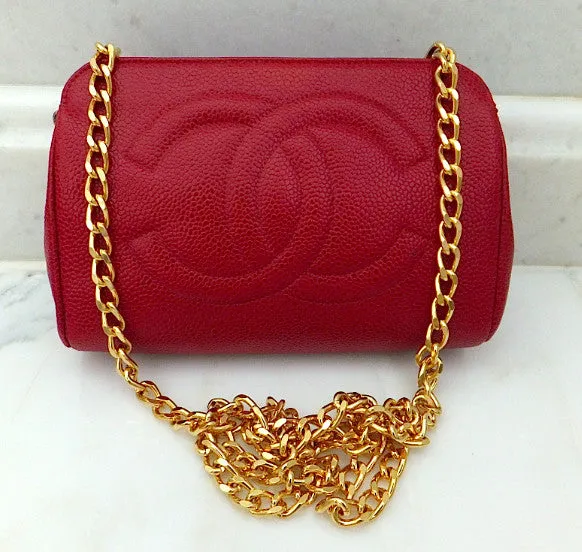 Authentic Chanel Vintage Caviar Red Wallet On Chain (WOC) Handbag