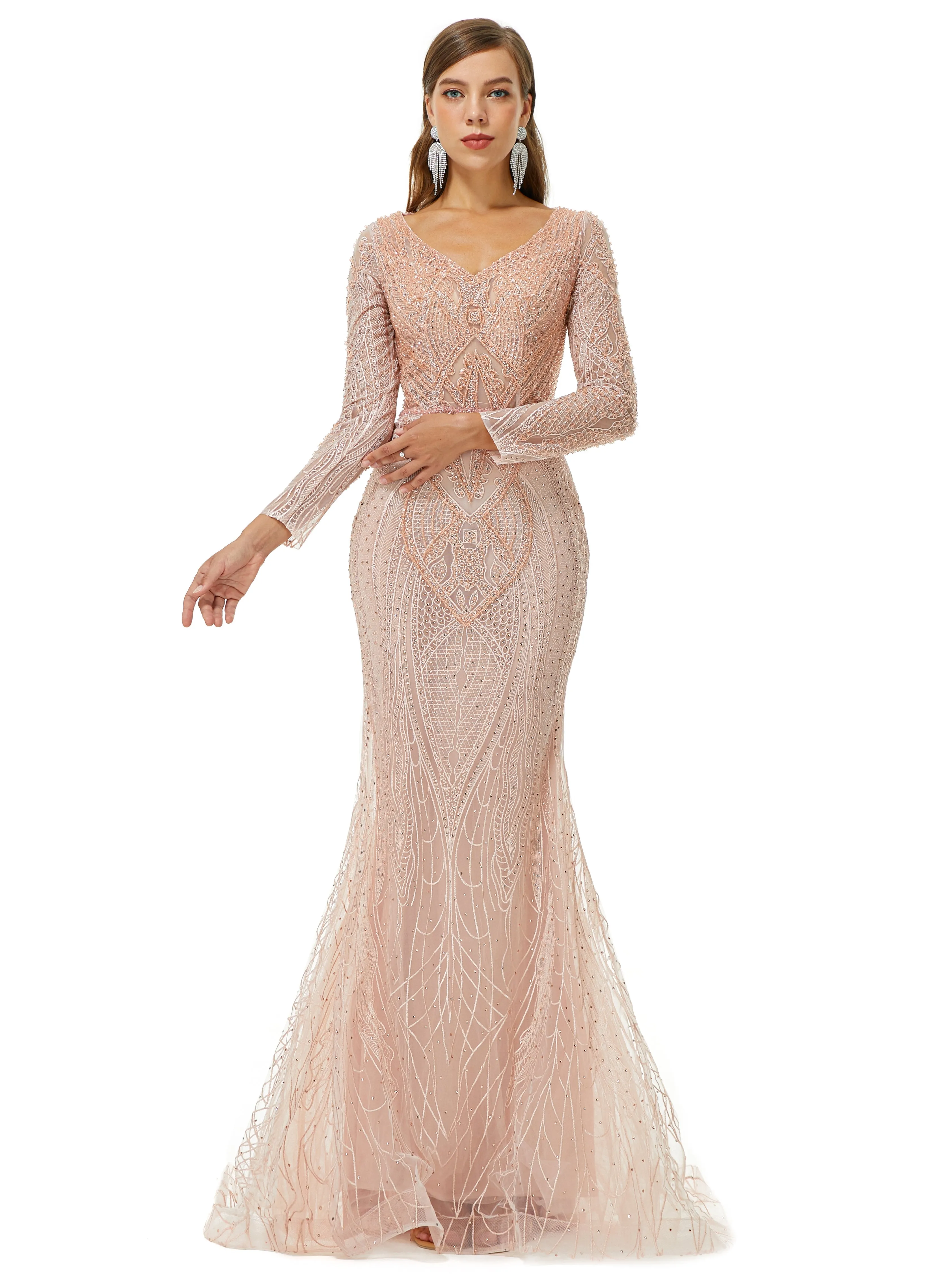 Ballbella Design | Sparkle Beaded Mermaid V-neck Long sleeves Prom Dresses