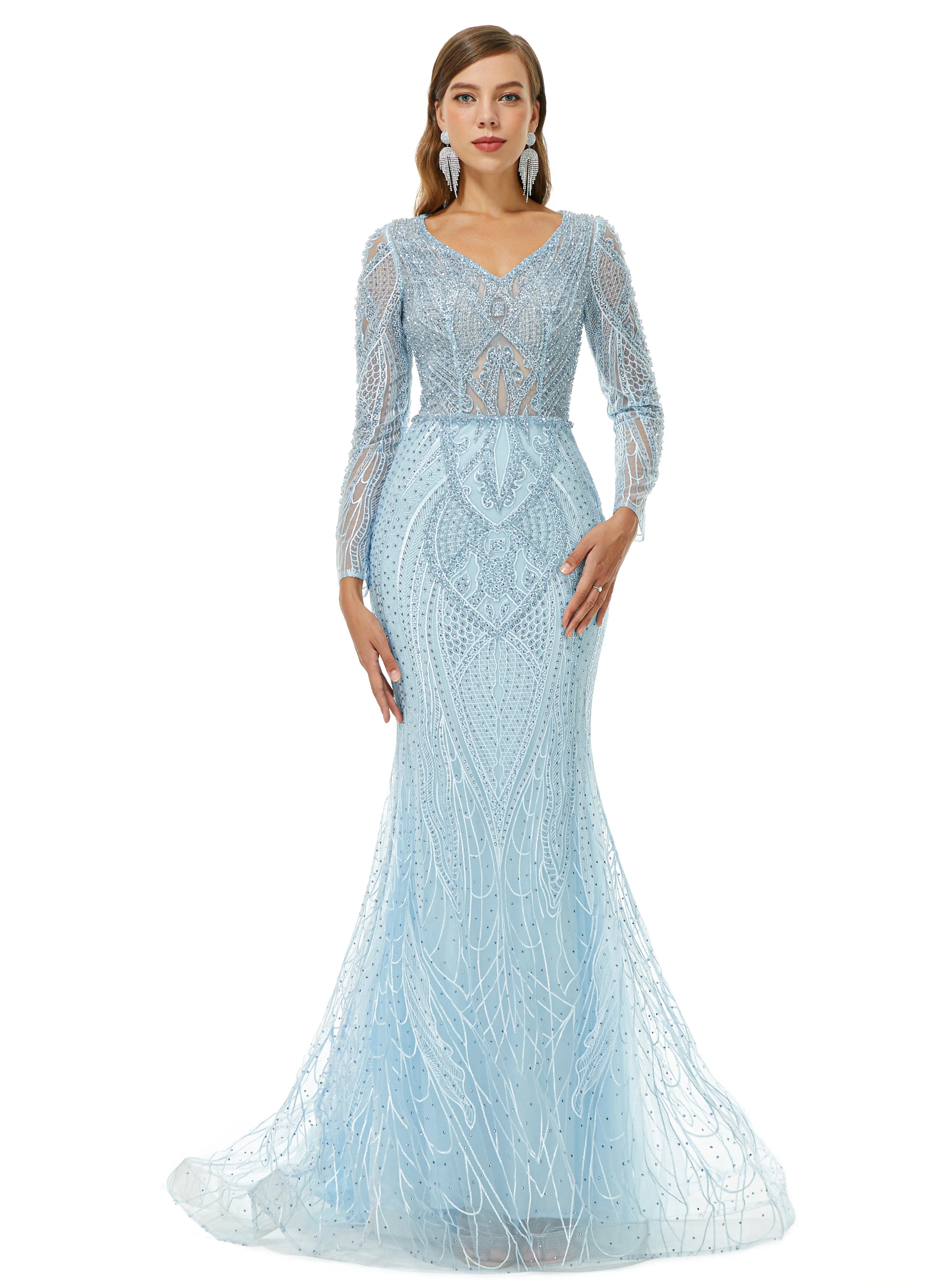 Ballbella Design | Sparkle Beaded Mermaid V-neck Long sleeves Prom Dresses