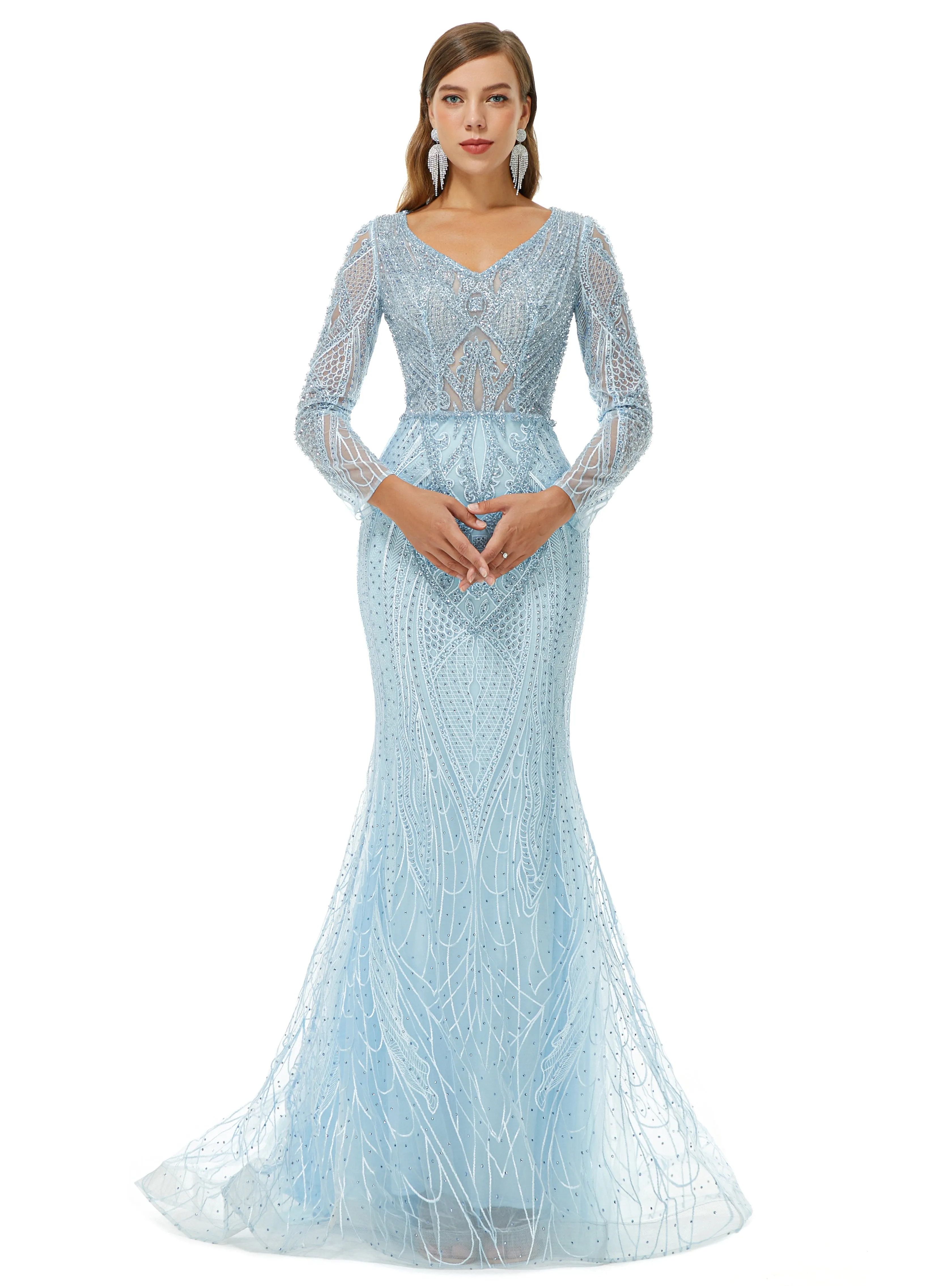 Ballbella Design | Sparkle Beaded Mermaid V-neck Long sleeves Prom Dresses