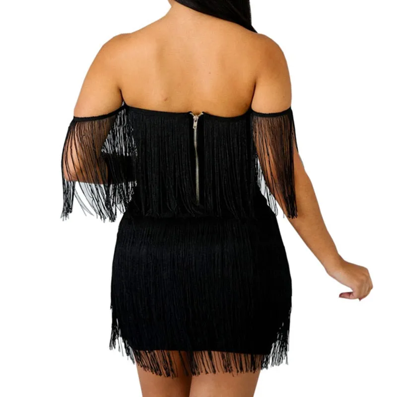 Bandage V Neck Off Shoulder Tassel Mini Fringe  Dress