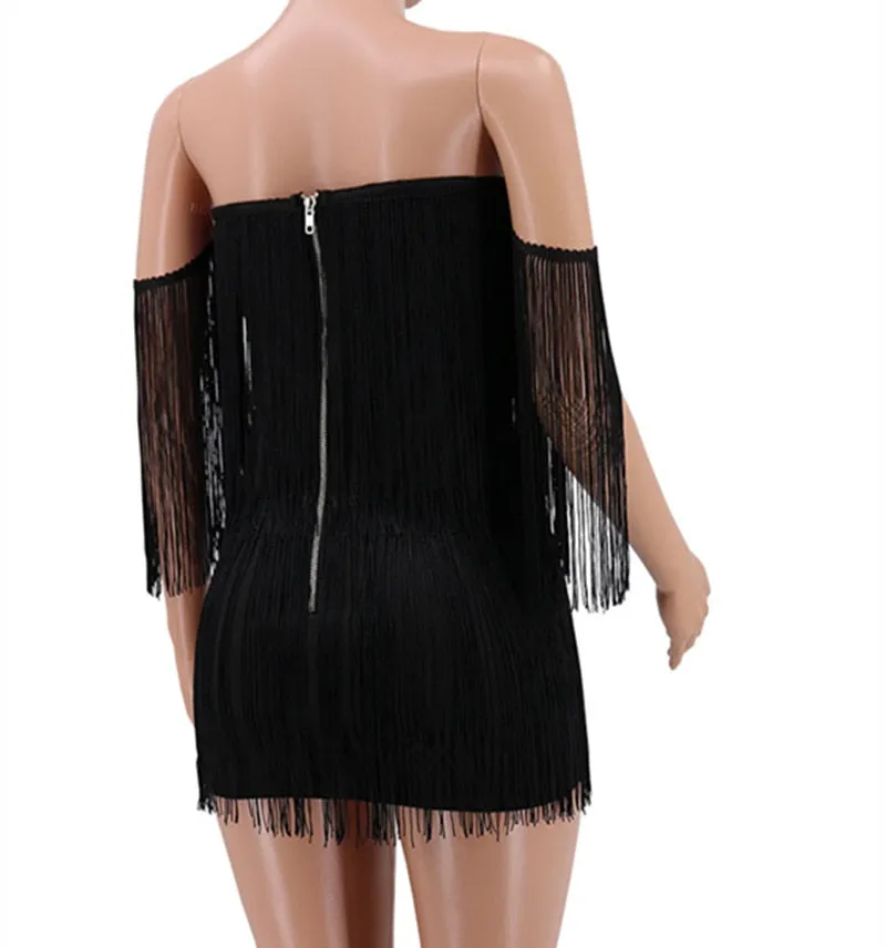 Bandage V Neck Off Shoulder Tassel Mini Fringe  Dress