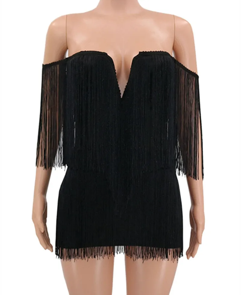 Bandage V Neck Off Shoulder Tassel Mini Fringe  Dress