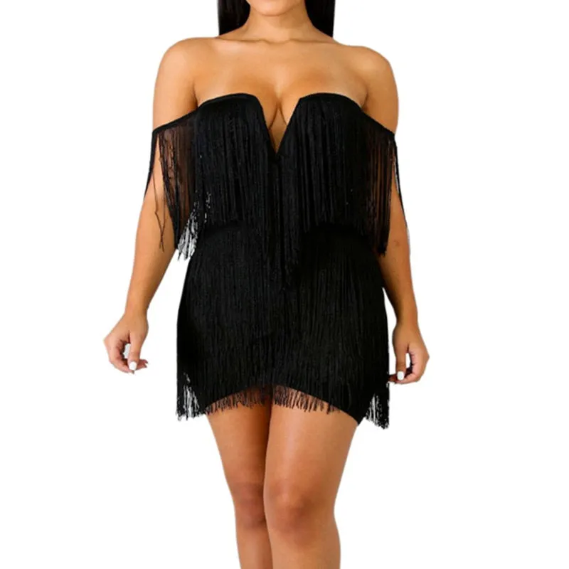 Bandage V Neck Off Shoulder Tassel Mini Fringe  Dress