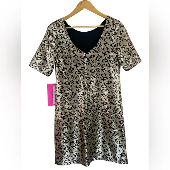 Betsey Johnson Women's Sequined Leopard Print Mini Shift Dress Sz 2