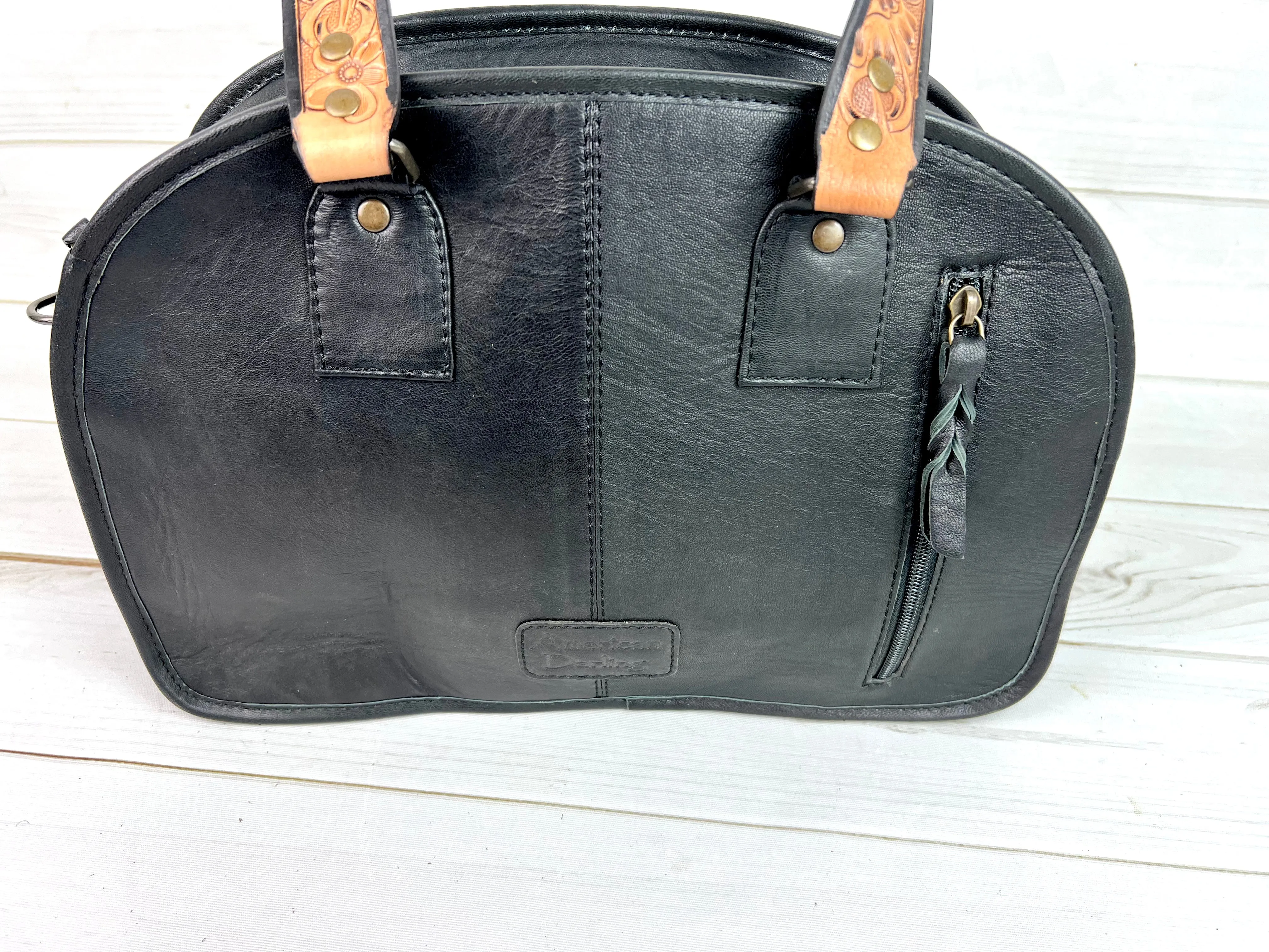 Black and Cream Aztec Style Wool and Leather Handle Handbag
