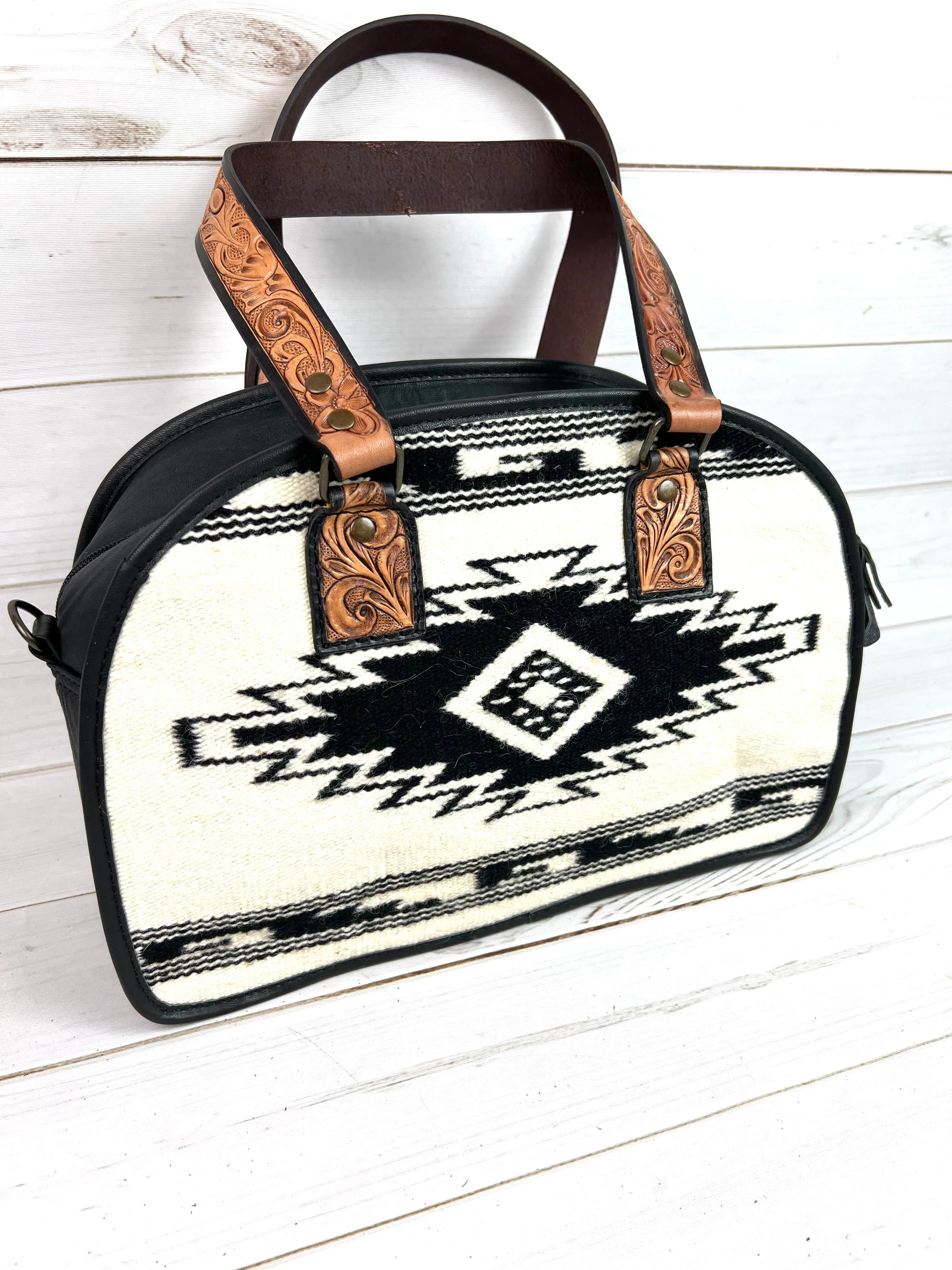 Black and Cream Aztec Style Wool and Leather Handle Handbag