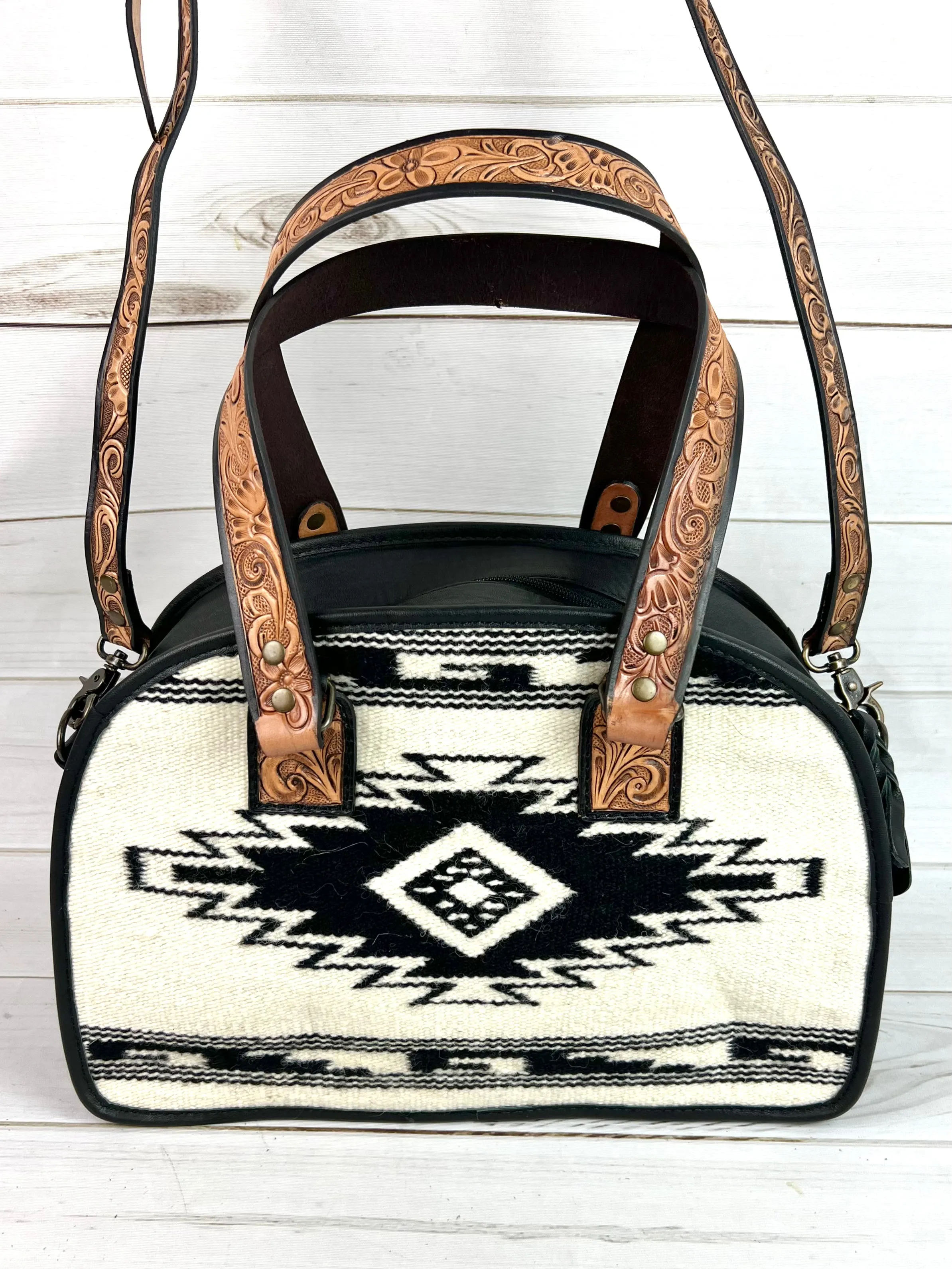 Black and Cream Aztec Style Wool and Leather Handle Handbag