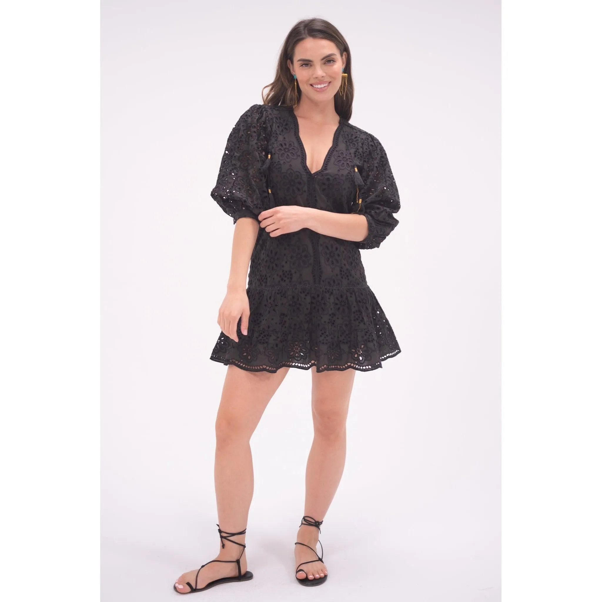 Black Eyelet Popover Flounce Dress