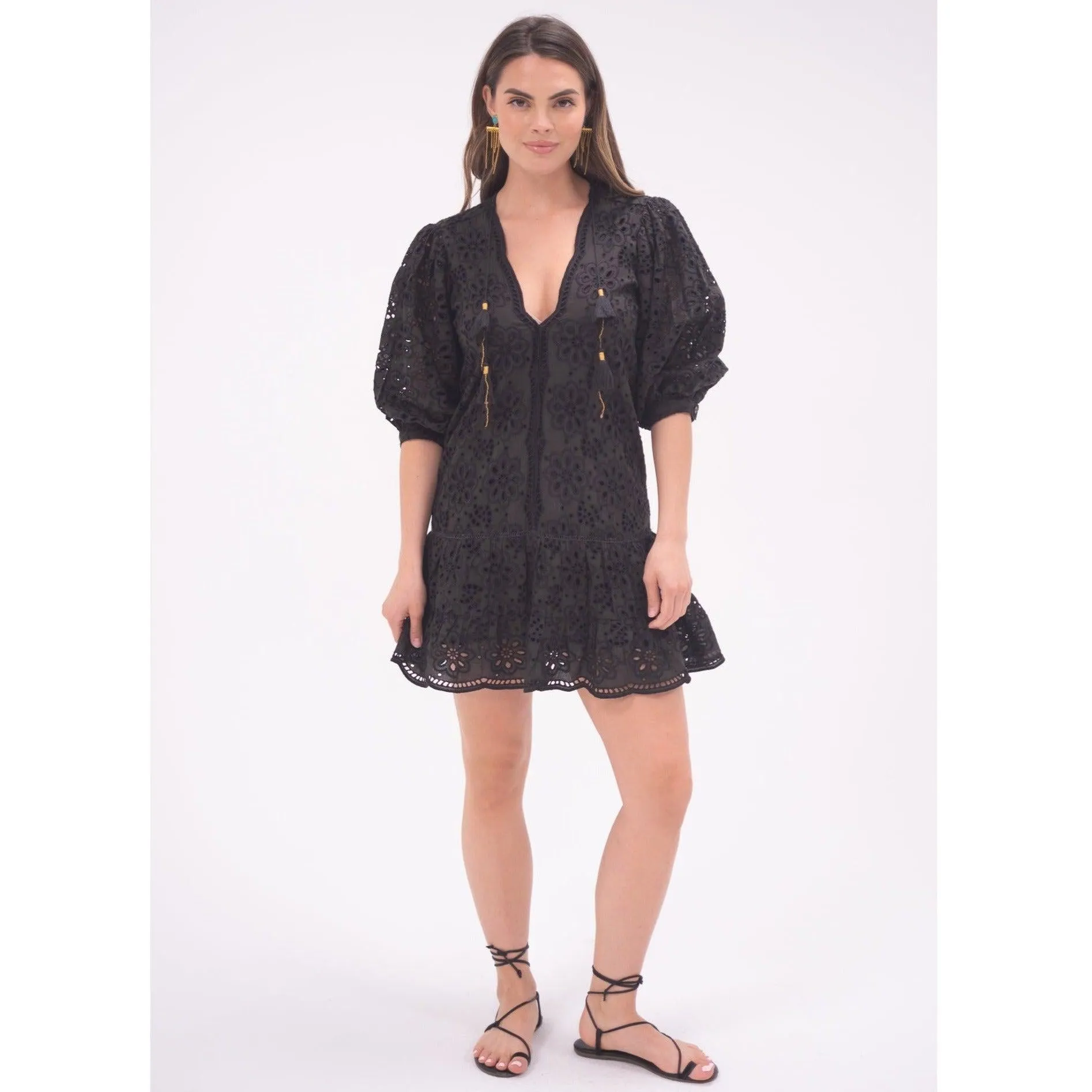 Black Eyelet Popover Flounce Dress