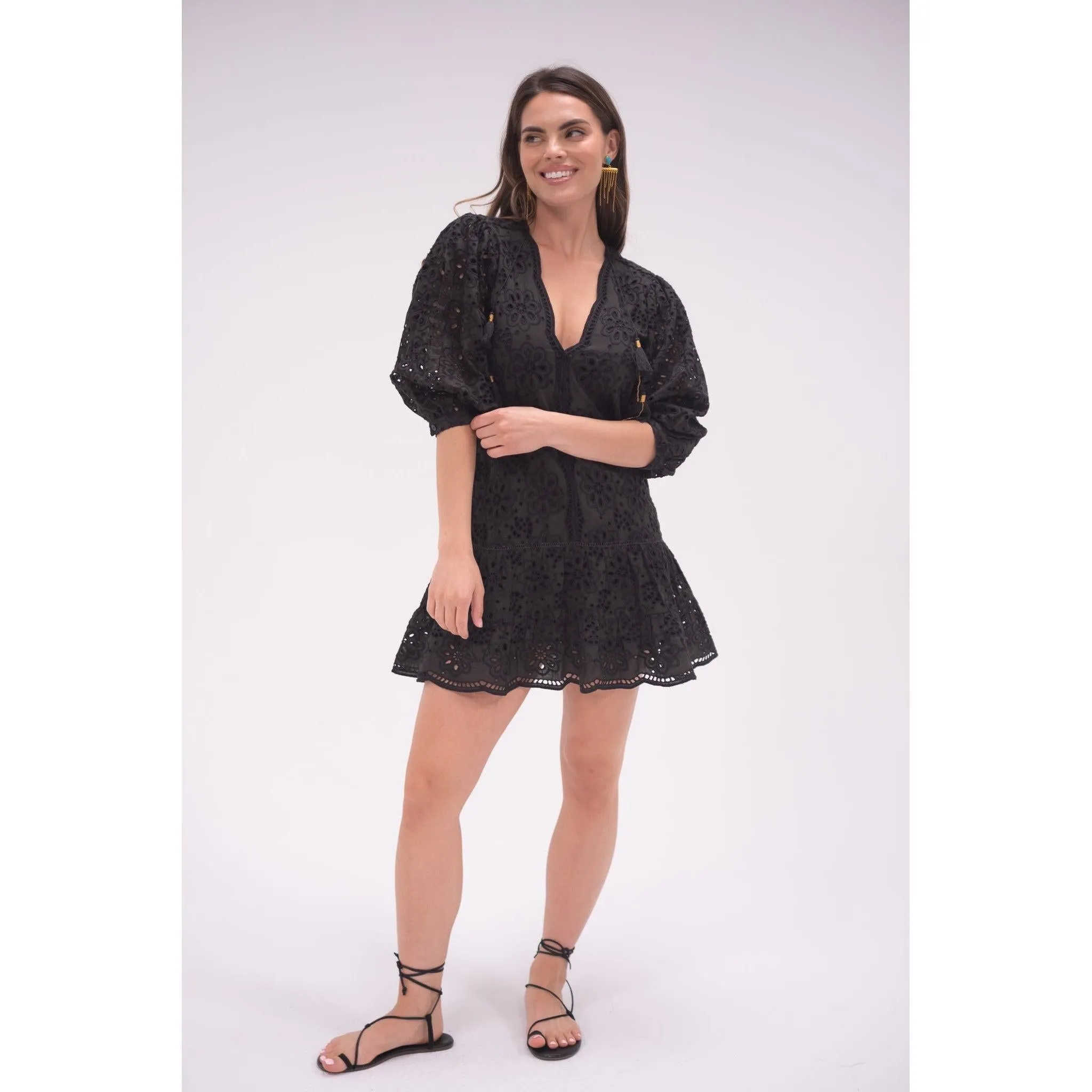 Black Eyelet Popover Flounce Dress