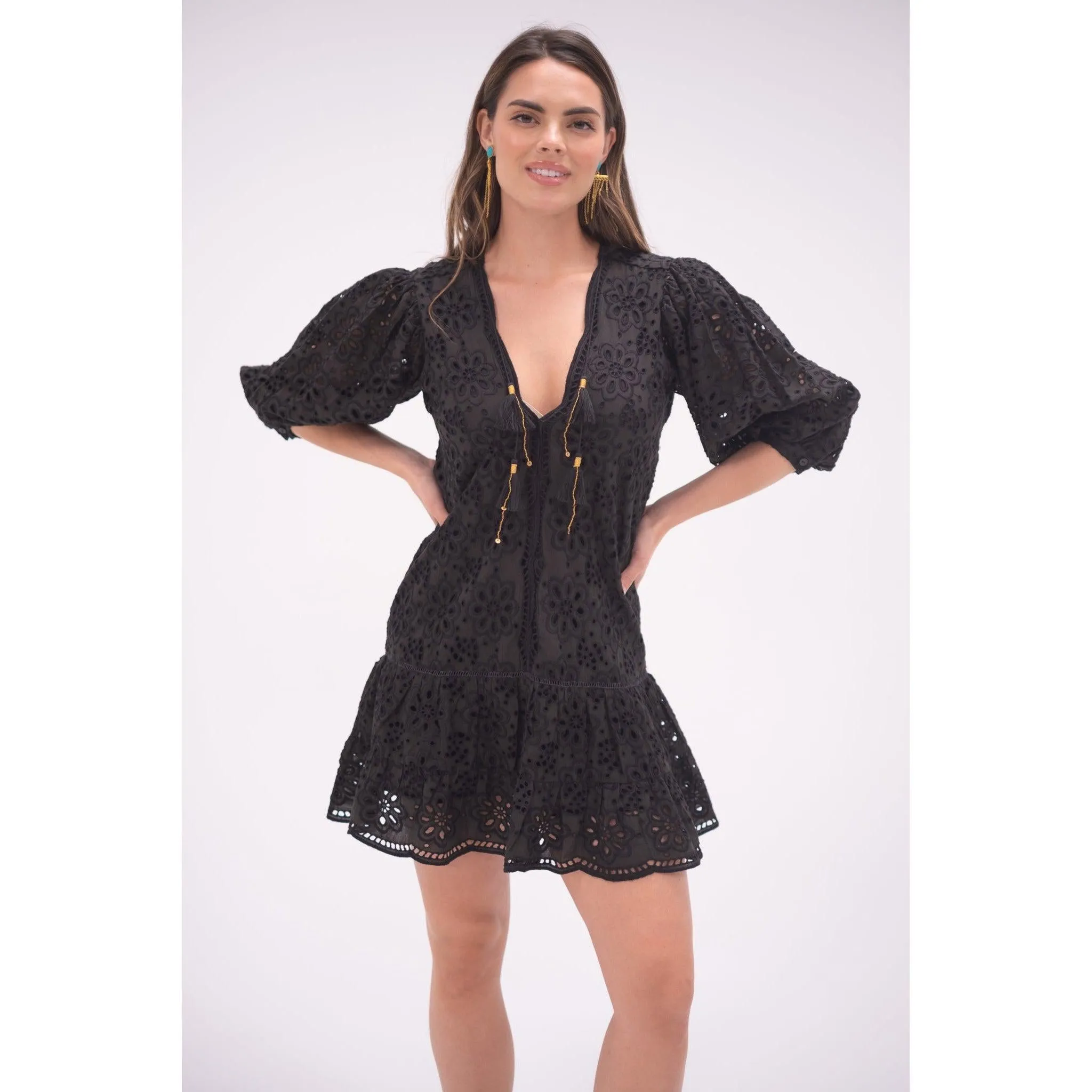 Black Eyelet Popover Flounce Dress