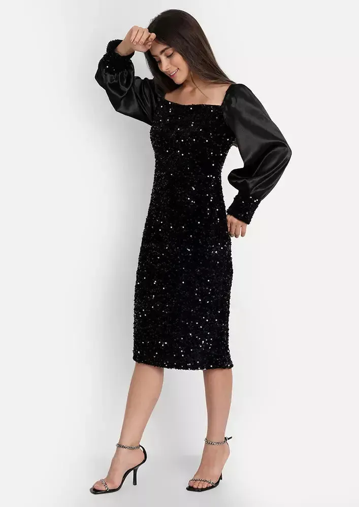 Black Sequined Long Puff Sleeve Midi Dress