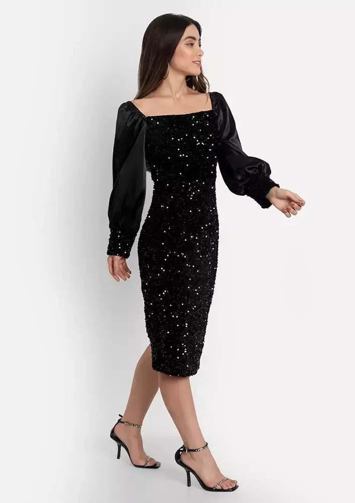 Black Sequined Long Puff Sleeve Midi Dress