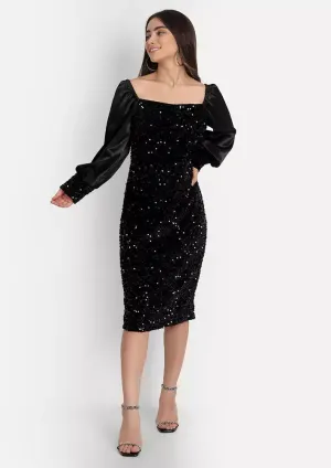 Black Sequined Long Puff Sleeve Midi Dress