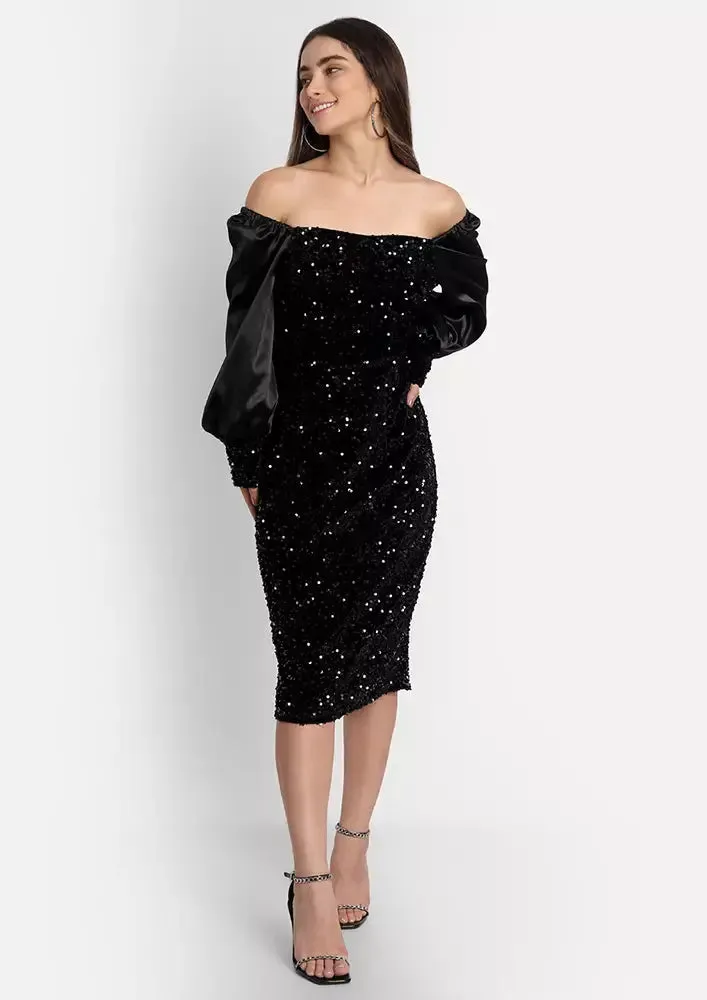 Black Sequined Long Puff Sleeve Midi Dress