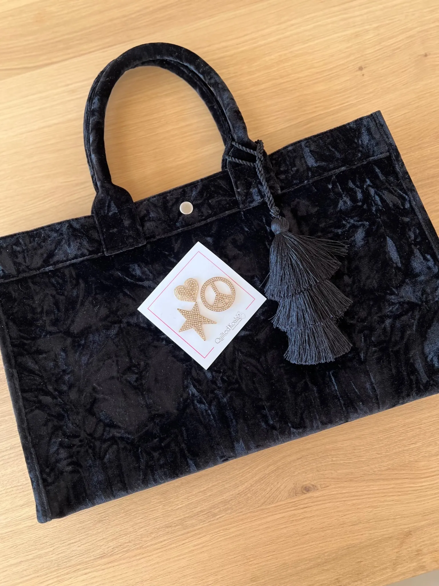 Black Velvet East West Bag   FREE Black Tassel   FREE Gold Jewelry Pins